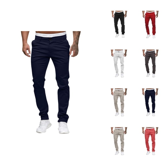 Casual Pants for Men 2025 Solid Color Mid Waist Slim Fit Full Length Cotton Pants with Pockets Trousers