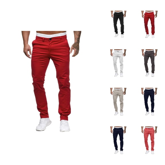 Casual Pants for Men 2025 Solid Color Mid Waist Slim Fit Full Length Cotton Pants with Pockets Trousers