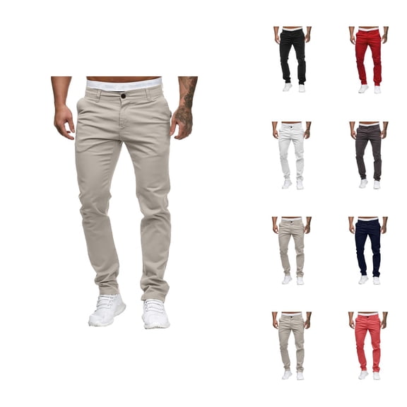 Casual Pants for Men 2025 Solid Color Mid Waist Slim Fit Full Length Cotton Pants with Pockets Trousers