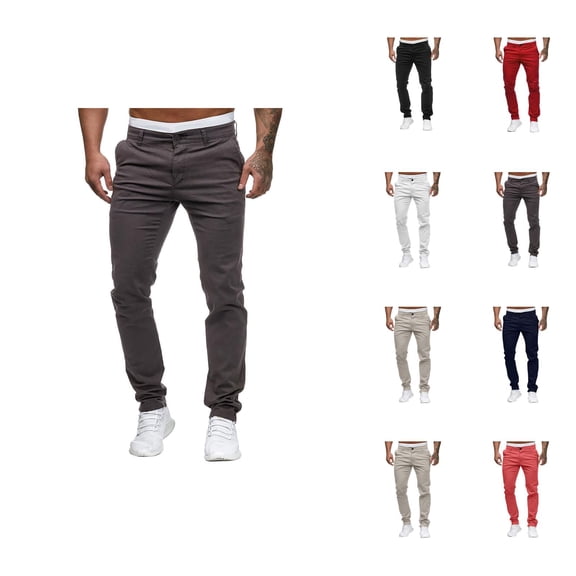 Casual Pants for Men 2025 Solid Color Mid Waist Slim Fit Full Length Cotton Pants with Pockets Trousers