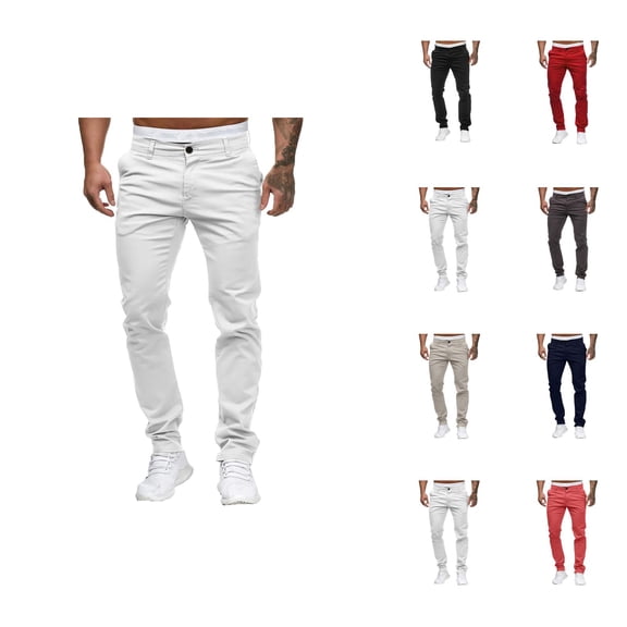 Casual Pants for Men 2025 Solid Color Mid Waist Slim Fit Full Length Cotton Pants with Pockets Trousers