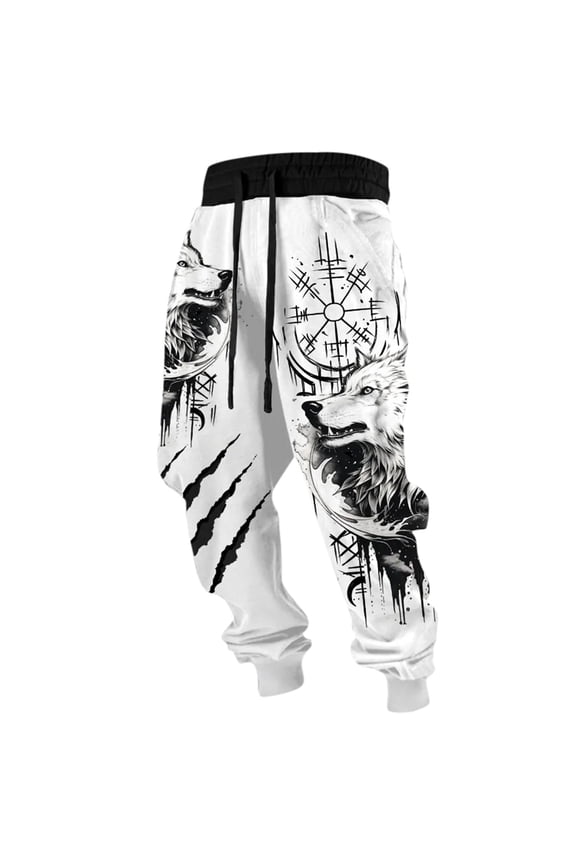 Casual Pants for Men Baggy Anime Printed Joggers Sweatpants Elastic Drawstring Boho Hippie Harem Pants with Pocket White 2XL