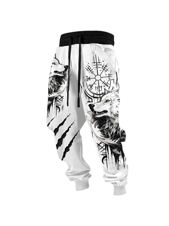 Casual Pants for Men Baggy Anime Printed Joggers Sweatpants Elastic Drawstring Boho Hippie Harem Pants with Pocket White XL
