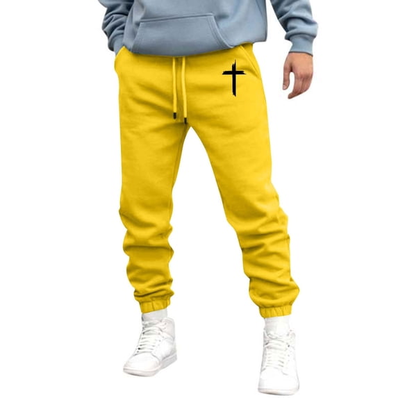 Casual Pants for Men Elastic Waist Drawstring Comfortable Joggers Loose Fall Winter Daily Wear Warm Slacks for Men Yellow L
