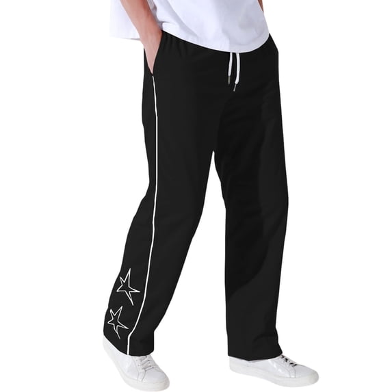 Casual Pants for Men European Star Embroidery Straight Loose Elastic Waist Drawstring Trousers Comfortable Sports Street Mens Slacks Black XL
