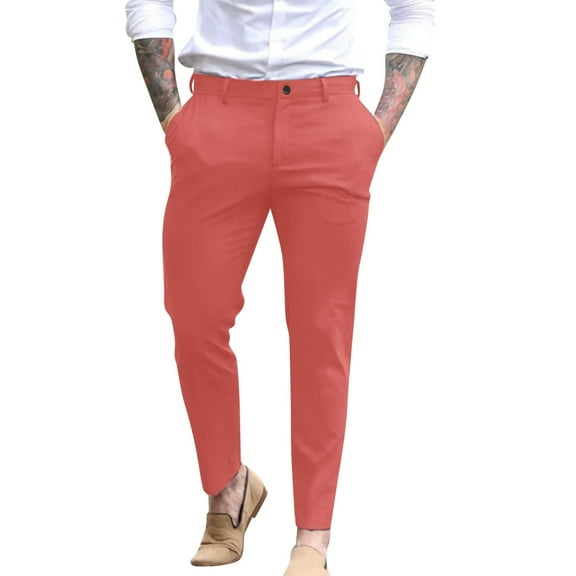 Casual Pants for Men Slim Fit Business Solid Color Trousers with Pockets Flat Front Stretchy Dressy Mens Slacks Pink M