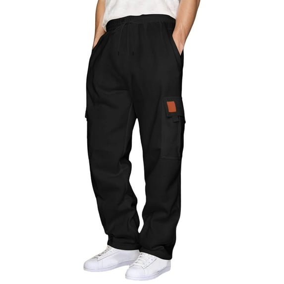 Casual Pants for Men Solid Color Gym Elastic Waistic Drawstring Cargo Sweatpants with Multi-Pockets Loose Comfortable Mens Slacks YA Black XXL