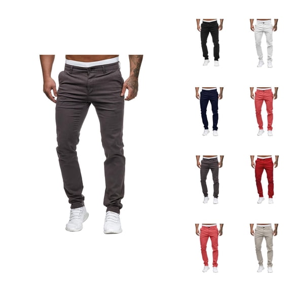 Casual Pants for Men Solid Color Slim Fit Mid Waist Full Length Cotton Pants with Pockets Trousers