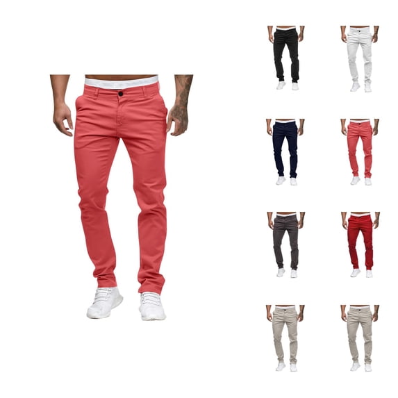 Casual Pants for Men Solid Color Slim Fit Mid Waist Full Length Cotton Pants with Pockets Trousers