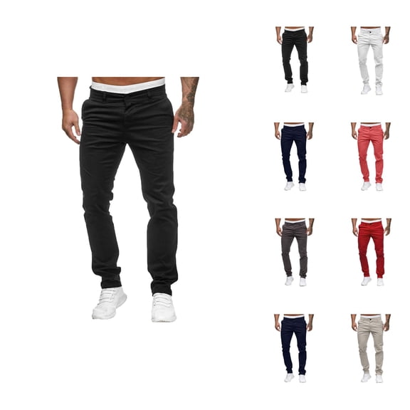 Casual Pants for Men Solid Color Slim Fit Mid Waist Full Length Cotton Pants with Pockets Trousers