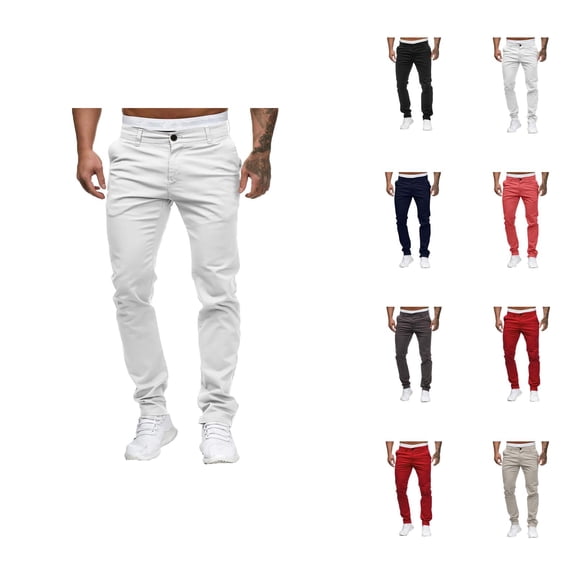 Casual Pants for Men Solid Color Slim Fit Mid Waist Full Length Cotton Pants with Pockets Trousers