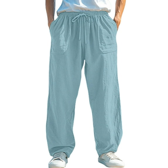 Casual Pants for Men Solid Stretch Lightweight Elastic Waist Drawstring Trousers with Bif Pockets Loose Breathable Slacks for Men YB Sky Blue L