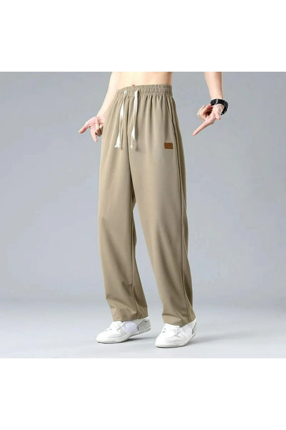 Casual Pants for Men Summer Thin Straight Leg Loose Fit Ice Silk Quick Dry Stretch Drawstring Slacks for Men Khaki XL