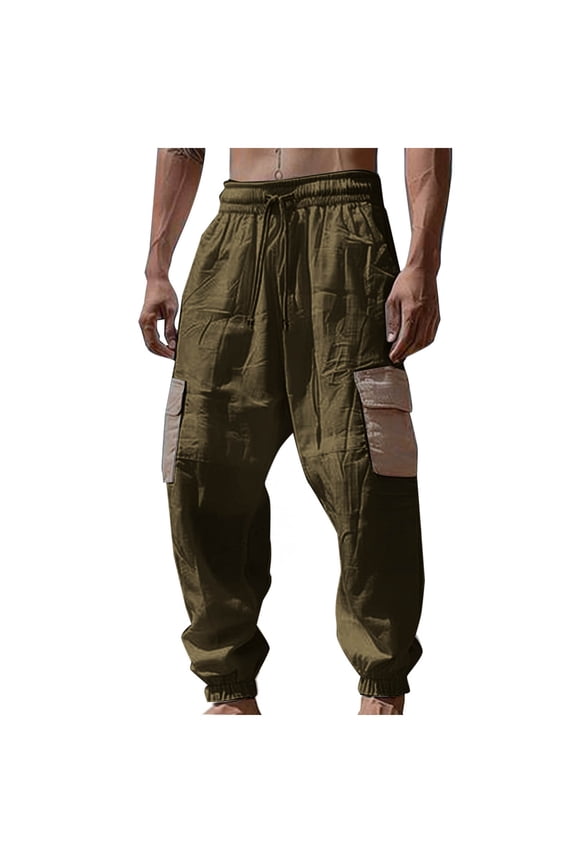 Casual Pants for Mens Big and Tall Fashion Plus Size Wash Water Wrinkles Pocket Draw Rope Elastic Waist Solid Color Casual Trousers