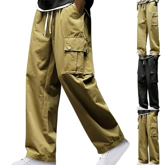 Casual Pants for Mens Elastic Waist Plus Size Fashion Drawstring Elastic Waist Multi-Pocket Casual Sweat Length Pants 50% off