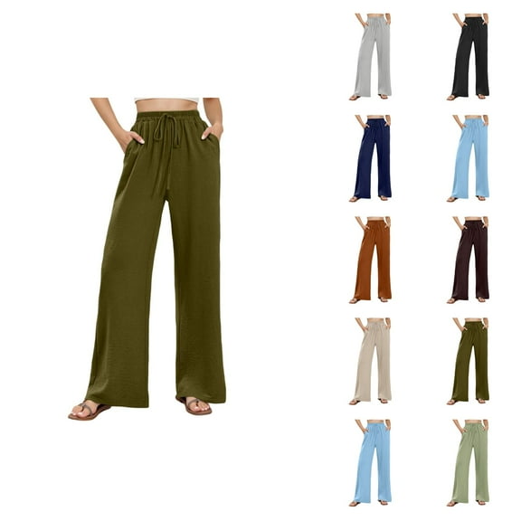 Casual Pants for Women 2025 Elastic High Waist Drawstring Wide Leg Floor Length Palazzo Pants with Pockets Trousers