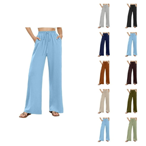 Casual Pants for Women 2025 Elastic High Waist Drawstring Wide Leg Floor Length Palazzo Pants with Pockets Trousers