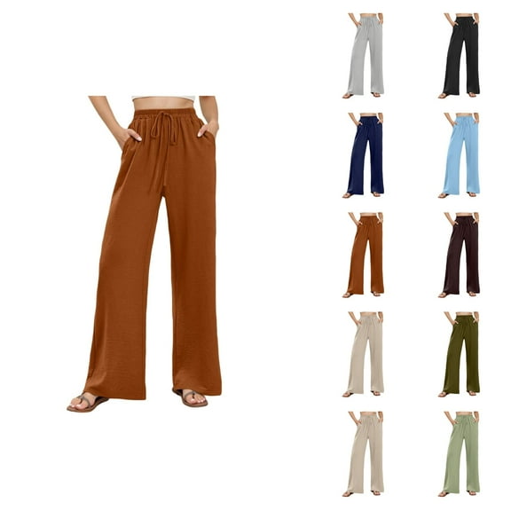 Casual Pants for Women 2025 Elastic High Waist Drawstring Wide Leg Floor Length Palazzo Pants with Pockets Trousers