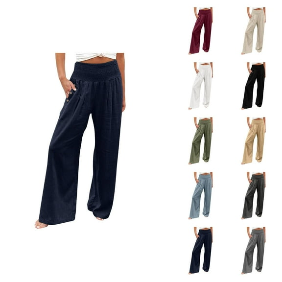 Casual Pants for Women 2025 Loose Fit Elastic High Waist Wide Leg Palazzo Pants with Pockets Summer Beach Trousers