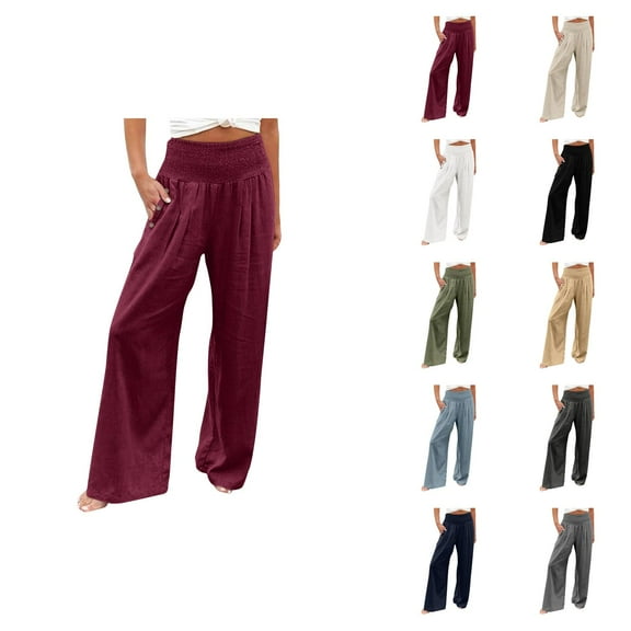 Casual Pants for Women 2025 Loose Fit Elastic High Waist Wide Leg Palazzo Pants with Pockets Summer Beach Trousers