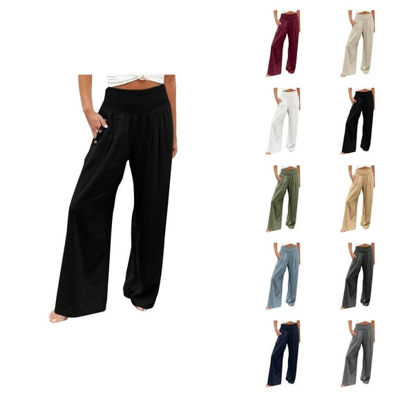 Casual Pants for Women 2025 Loose Fit Elastic High Waist Wide Leg Palazzo Pants with Pockets Summer Beach Trousers