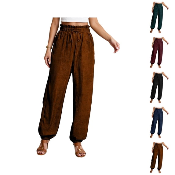 Casual Pants for Women 2026 Spring Fall Cotton Linen Elastic High Waist Drawstring Straight Leg Pants with Pockets
