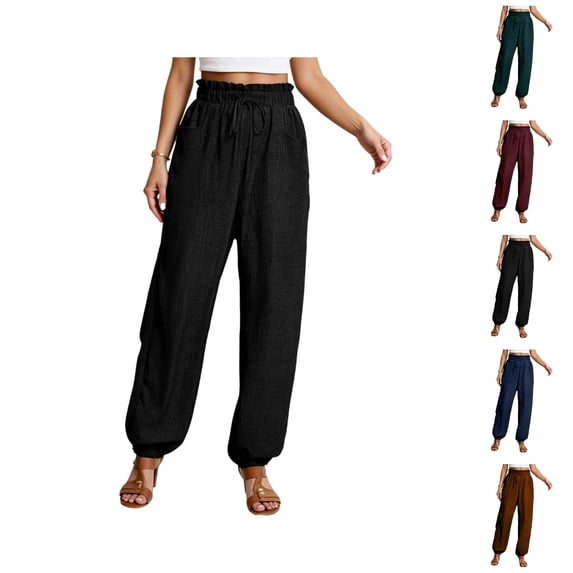 Casual Pants for Women 2026 Spring Fall Cotton Linen Elastic High Waist Drawstring Straight Leg Pants with Pockets