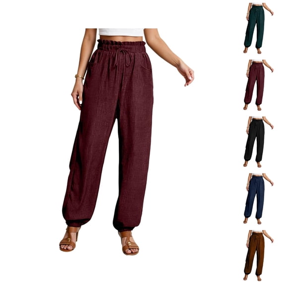 Casual Pants for Women 2026 Spring Fall Cotton Linen Elastic High Waist Drawstring Straight Leg Pants with Pockets