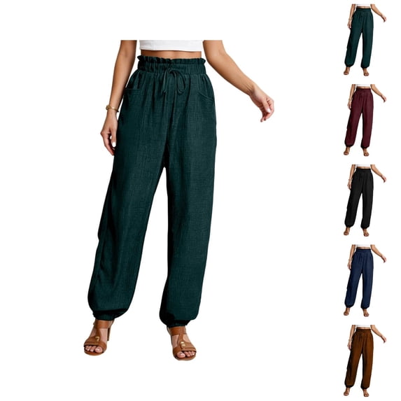 Casual Pants for Women 2026 Spring Fall Cotton Linen Elastic High Waist Drawstring Straight Leg Pants with Pockets