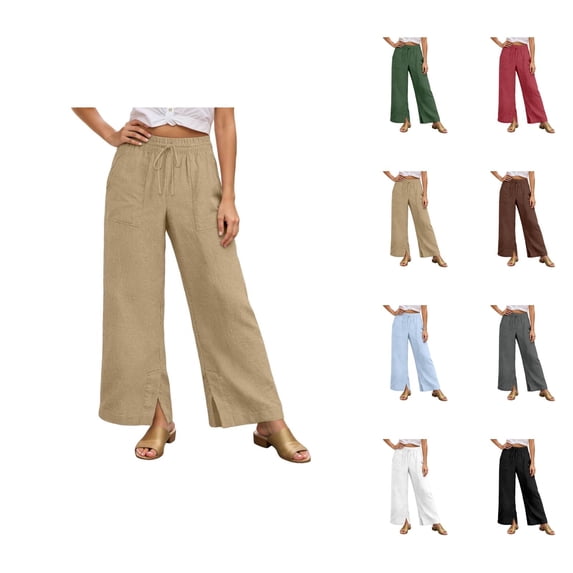 Casual Pants for Women 2026 Spring Summer Lightweight Elastic Waist Drawstring Side Split Hem Wide Leg Pants with Pockets