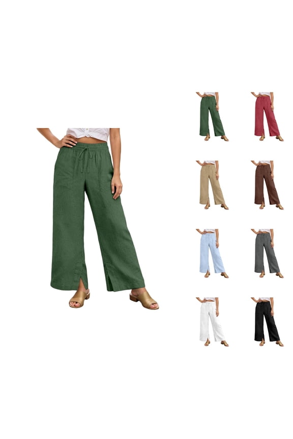 Casual Pants for Women 2026 Spring Summer Lightweight Elastic Waist Drawstring Side Split Hem Wide Leg Pants with Pockets