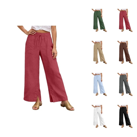 Casual Pants for Women 2026 Spring Summer Lightweight Elastic Waist Drawstring Side Split Hem Wide Leg Pants with Pockets