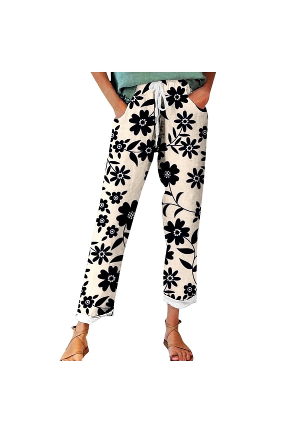 Casual Pants for Women Autumn Fragrant Linen Vintage Floral Print Pants Perfect for Spring Comfortable Straight Trousers Pants