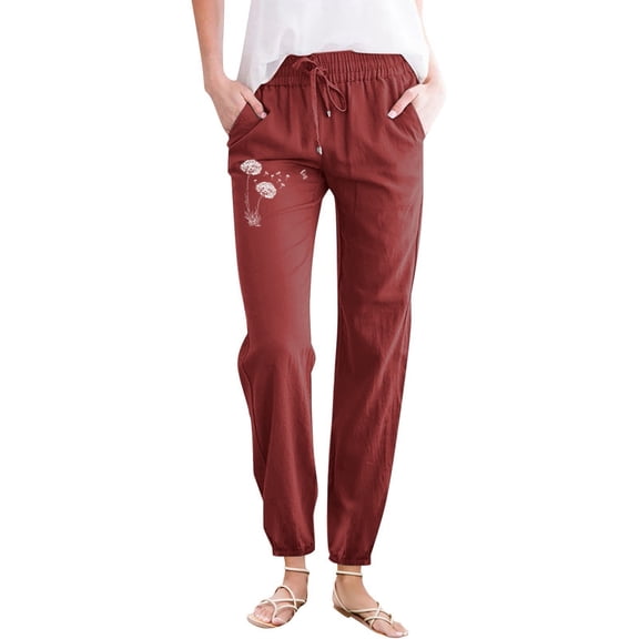Casual Pants for Women Breathable Lightweight Casual Trousers With Partial Daisy Print Pocket Drawstring for Home Outdoor Brick Red M