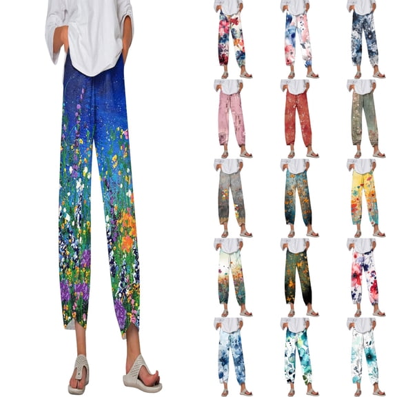 Casual Pants for Women Capris Pants Summer Trendy Printed Comfortable with Pockets Blue Trousers Pants for Women L