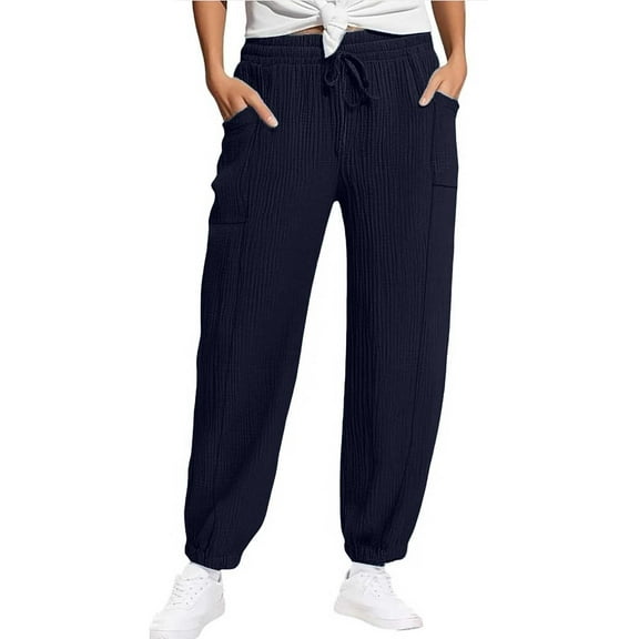 Casual Pants for Women Casual Solid Color Trousers With Drawstring Waist Pocket Sporty Ankle Cuff Breathable Fit Navy L