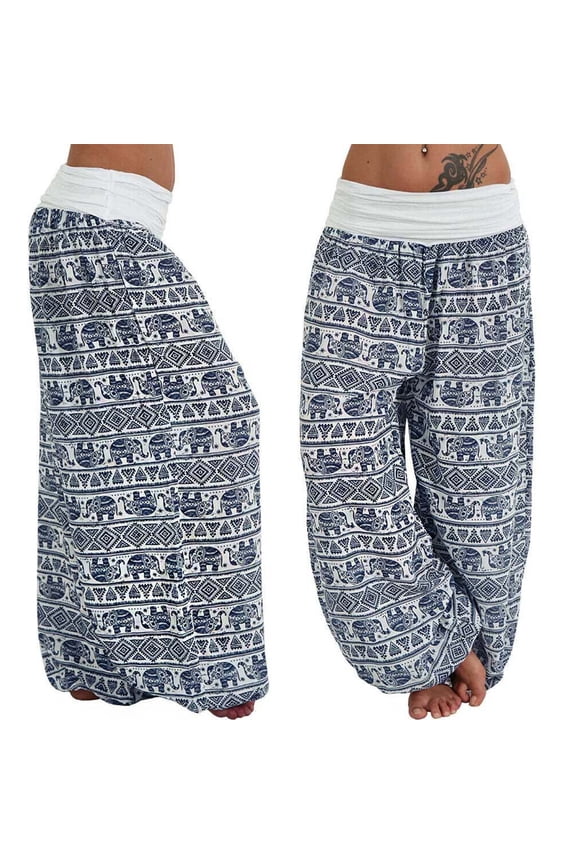 Casual Pants for Women Digital Printed Wide Leg Loose Trousers Slacks for Women White L