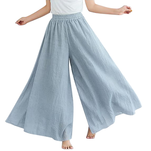 Casual Pants for Women Double Layer Elastic Waist Pocket Comfort Cotton Linen Casual Culottes