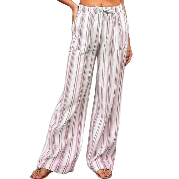 Casual Pants for Women Drawstring Striped Loose Wide Leg Trousers with Large Pockets