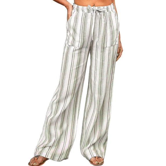 Casual Pants for Women Drawstring Striped Loose Wide Leg Trousers with Large Pockets