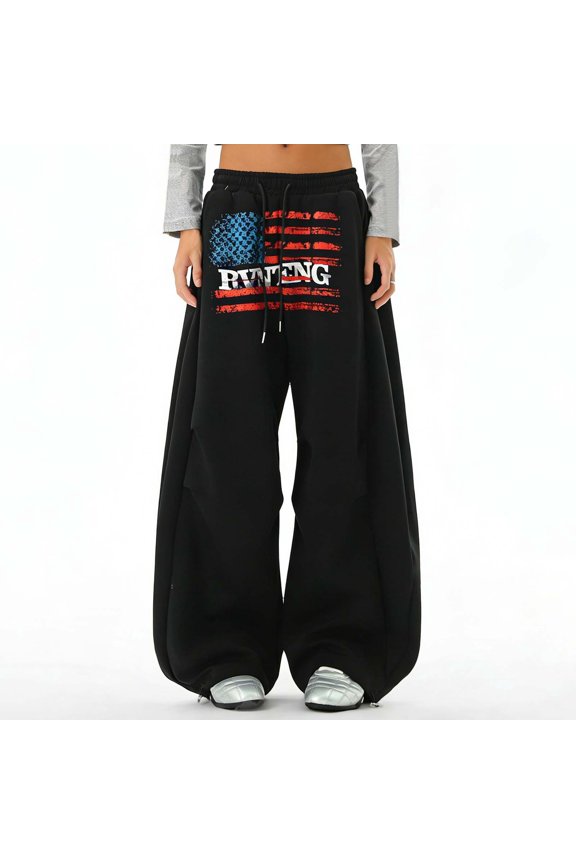 Casual Pants for Women Effortless Wide Leg Curved Trousers with Stylish Flag Print Loose Comfortable Womens Slacks Black S