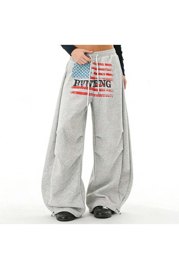 Casual Pants for Women Effortless Wide Leg Curved Trousers with Stylish Flag Print Loose Comfortable Womens Slacks Grey S