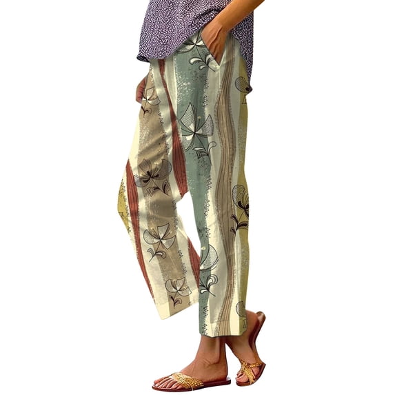 Casual Pants for Women Elastic Drawstring Waist Loose Straight Leg Summer Casual Linen Beach Pants with Pockets