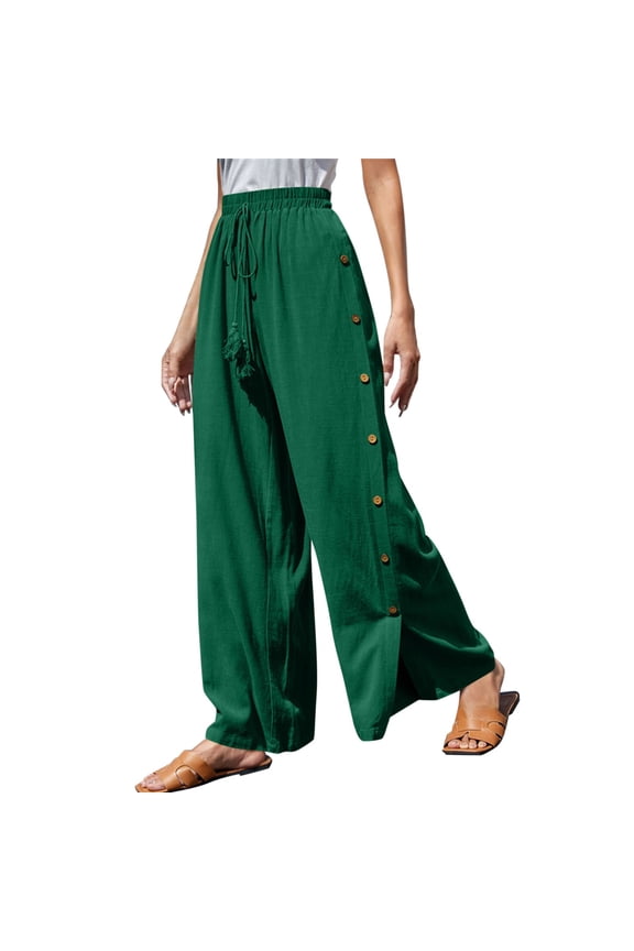 Casual Pants for Women Elastic High Waist Side Split Pocket Wide Leg Linen Casual Pants