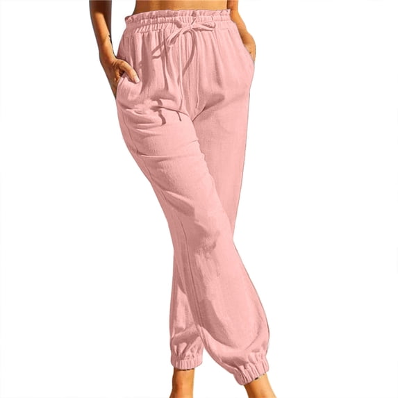 Casual Pants for Women Elastic Waist Drawstring Unpatterned Comfy Casual Pocket Pants