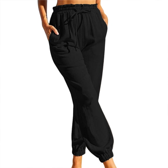 Casual Pants for Women Elastic Waist Drawstring Unpatterned Comfy Casual Pocket Pants