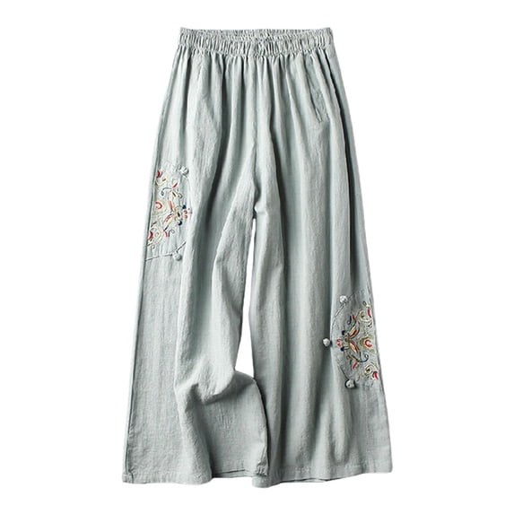 Casual Pants for Women Elastic Waist Linen Blend Wide Leg Culottes Casual Trousers with Pockets