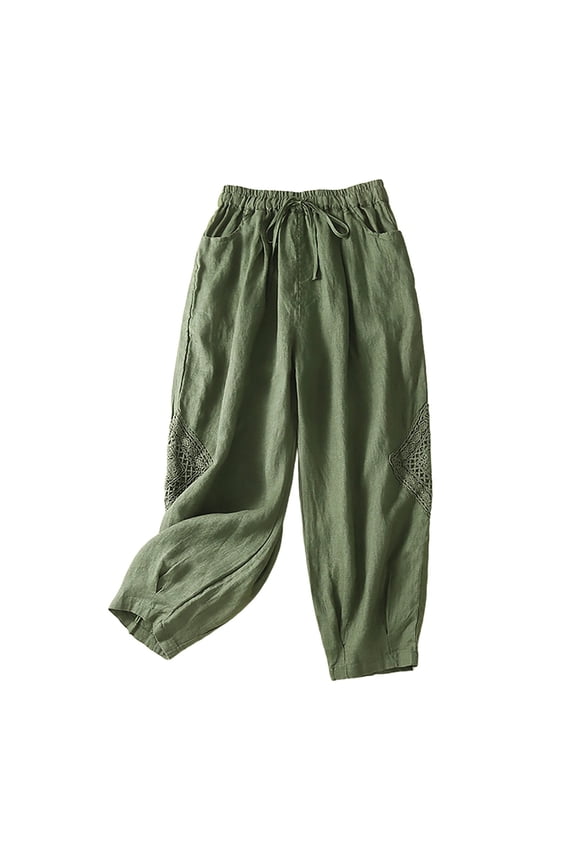 Casual Pants for Women Elastic Waist Loose Artistic Nine Quarter Cotton Linen Harem Casual Pants