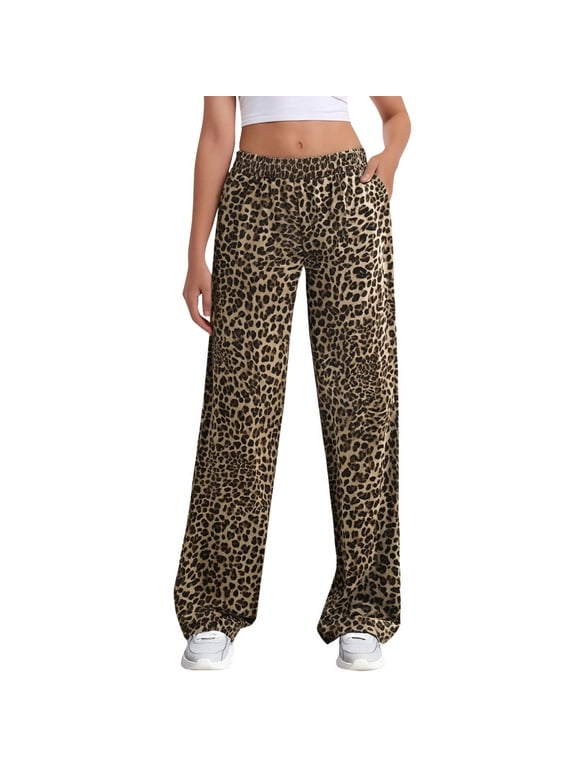 Casual Pants for Women Elastic Waist Loose Casual Patchwork Leopard Print Wide Leg Trousers