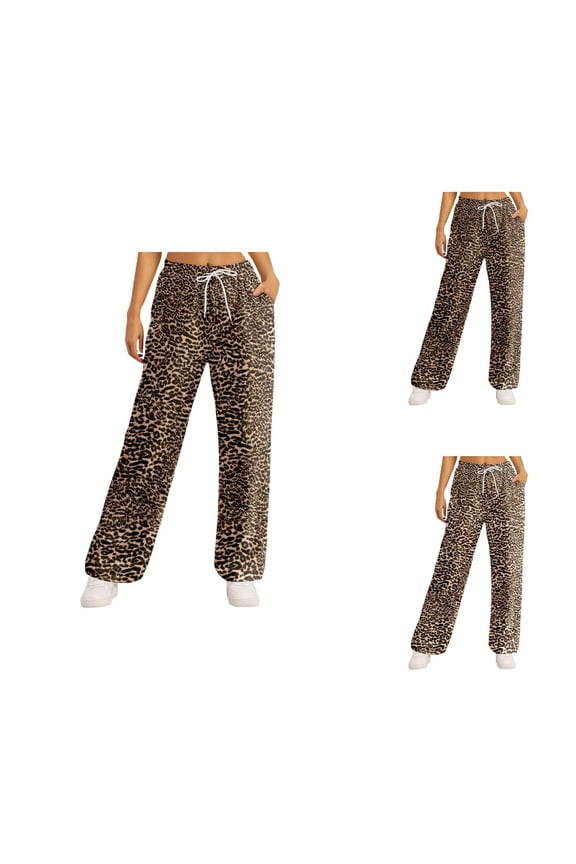Casual Pants for Women Fashion Leopard Print Relaxed Fit Elastic Waist Straight Leg Pants with Pockets
